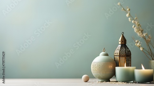 Arabic lantern in soft green shades, providing a peaceful atmosphere and room for customized text or messages. Ramadan concept photo