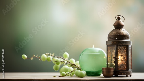 Arabic lantern in soft green shades, providing a peaceful atmosphere and room for customized text or messages. Ramadan concept