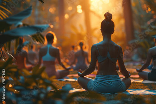 A group practicing gentle yoga in a serene setting  focusing on movement and breath. Concept of yoga and physical mindfulness. Generative Ai.