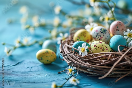 Easter eggs in a basket with flowers on a blue background