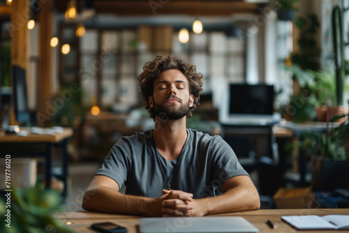A mindful breathing exercise in a busy office, finding calm amidst chaos. Concept of workplace mindfulness and stress management. Generative Ai.