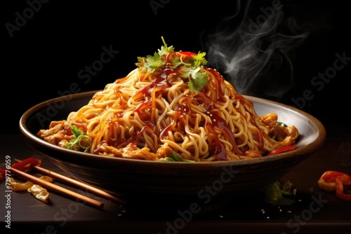Hot noodles with chicken and vegetables, steaming
