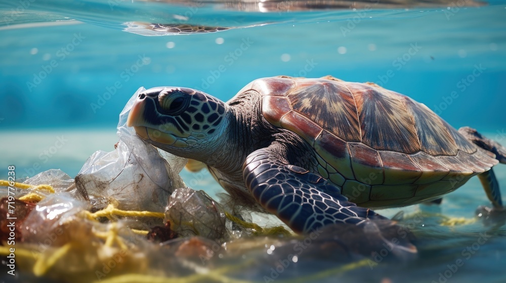 Closeup of a sea turtle entangled in plastic waste, a heartbreaking ...