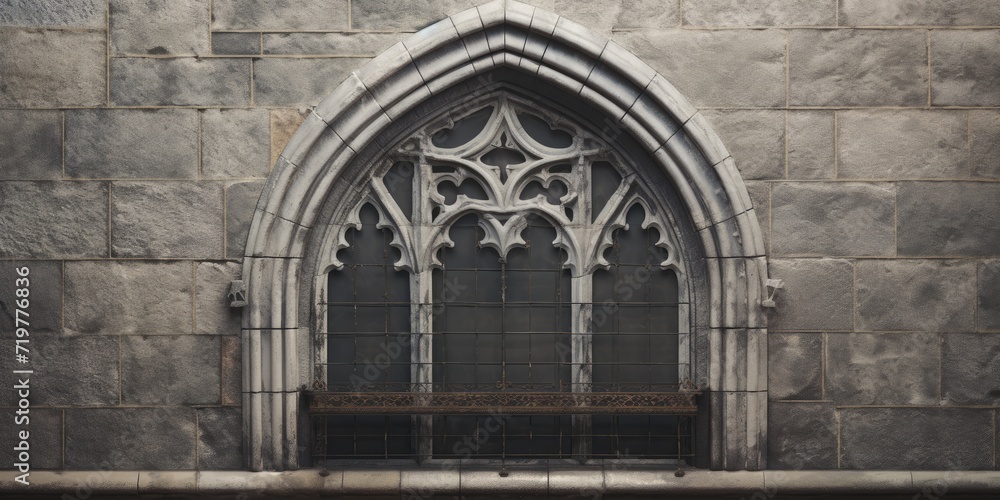 Authentic medieval architectural detail: Gothic window/arch, textured background, forged element.