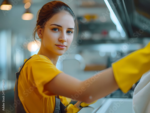 Close-up of cleaning staff at work. Young girl wearing uniform and yellow gloves cleaning in the kitchen area. Cinematic colors. Domestic staff photo