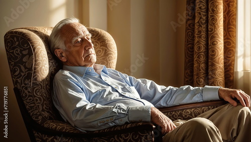 An elderly man with white hair is sitting in a brown armchair. He is wearing a blue shirt and khaki pants. The chair is placed in front of a window with sunlight shining through.
