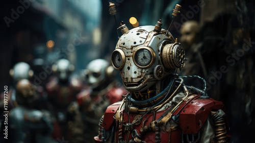 steampunk ai robots march in the street 