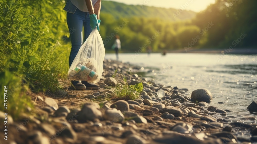 Closeup of a young volunteer holding a trash bag and picking up litter along a riverbank. - obrazy, fototapety, plakaty 
