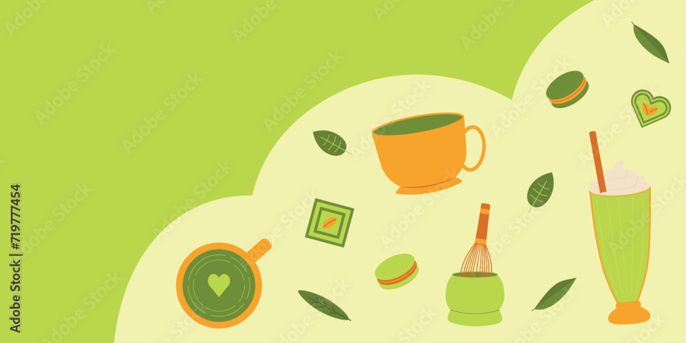 Vector illustration of matcha tea with sweets for banners, cards, flyers. Vector illustration of matcha tea with sweets for banners, cards, flyers.