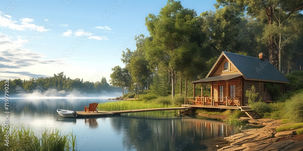 Obraz premium Lakeside cabin in the woods