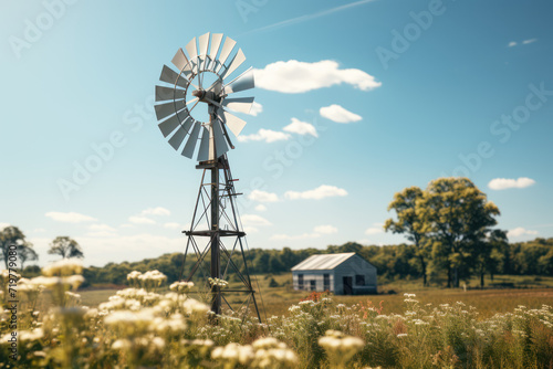 A windmill turning in a breeze, symbolizing the sustainable and renewable energy generated by eco-friendly ideas. Generative Ai.