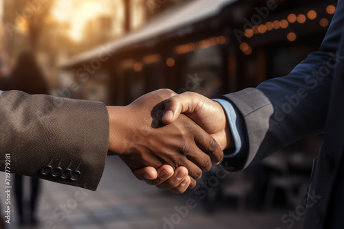 A confident handshake between two professionals, symbolizing the initiation of a successful business deal or partnership. Generative Ai.