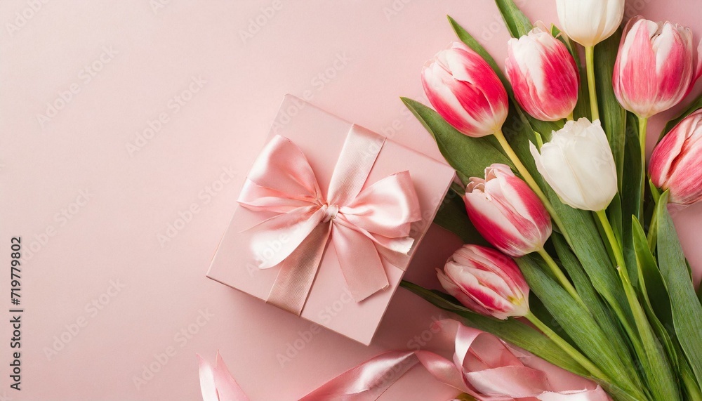 Fototapeta premium Mother's Day concept. Top view photo of stylish pink giftbox with ribbon bow and bouquet of tulips on isolated pastel pink background with copyspace. Valentine's day concept.