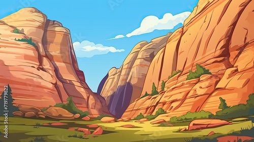 cartoon illustration Red rock canyons and towering sandstone cliffs.