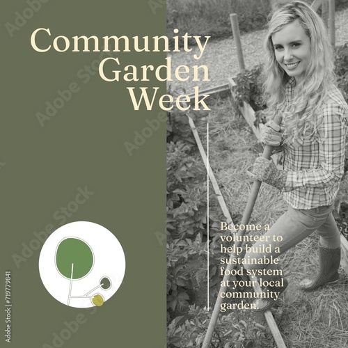 Composition of community garden week text over caucasian woman gardening