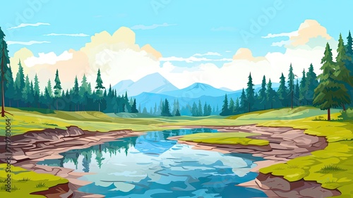 cartoon illustration landscape featuring a crystal clear lake surrounded by lush greenery, with majestic mountains in the backdrop under a clear sky.