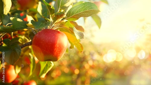 apple tree with red apple fruit on field on golden time sunlight video looping background photo