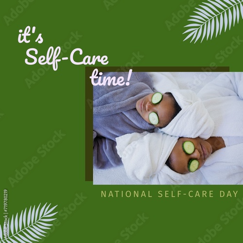 Composition of it's self-care time text over african american women lying on bed on green background