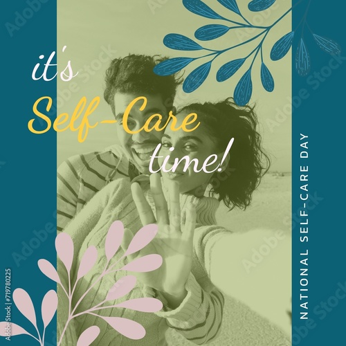 Composition of it's self-care time text over biracial couple at beach on blue background