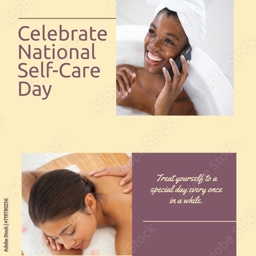 Composition of national self-care day text over diverse people taking bath and getting a massage