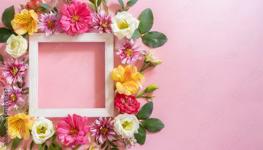 Square flower frame made of rose, aster and alstroemeria on a pink pastel background. Greeting card template with copyspace. Festive concept. Valentine's day.
Square flower frame made of rose, aster and alstroemeria on a pink pastel background. Greeting card template with copyspace. Festive concept. Valentine's day.