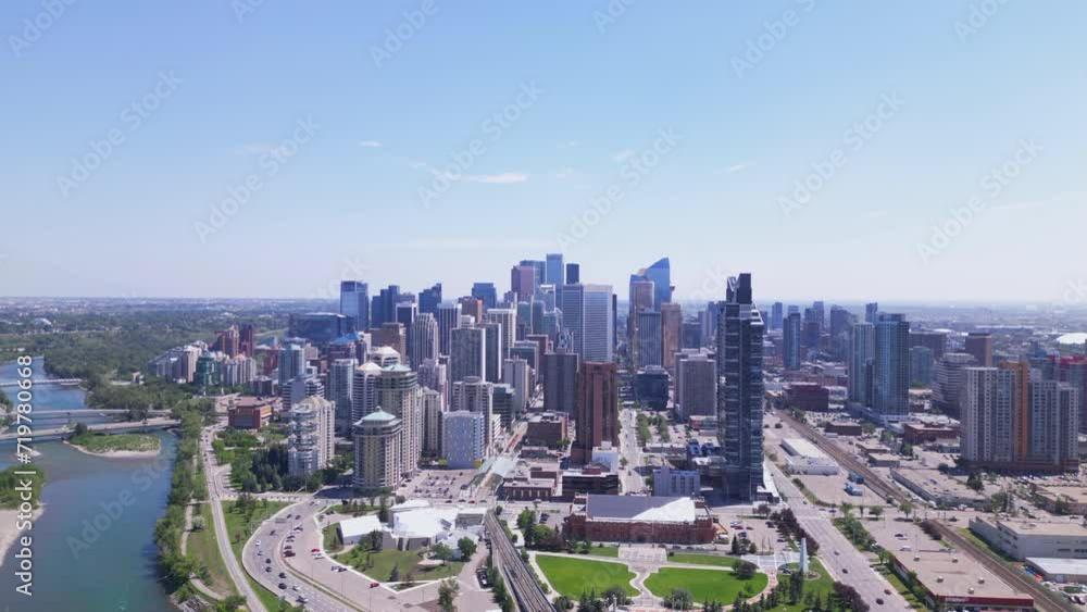 Calgary's downtown and Bow River are seen from a aerial drone on a summer day Calgary's downtown and Bow River are seen from a aerial drone on a summer day