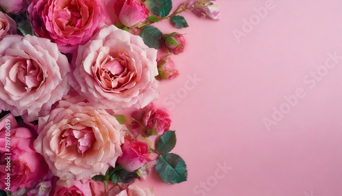 Flower border frame made of rose on a pink background. Greeting card concept with place for text. Valentine s day concept.