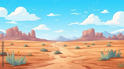 cartoon illustration Wild west Texas.  landscape  sandy terrain  iconic rock formations  and sparse vegetation under the clear blue sky.