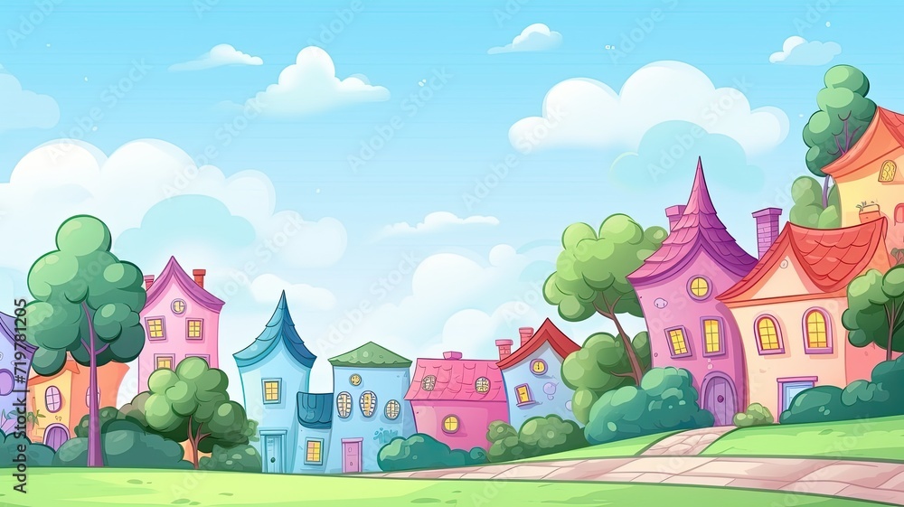 cartoon illustration Village. The street is empty, giving a calm and serene atmosphere under the clear blue sky.