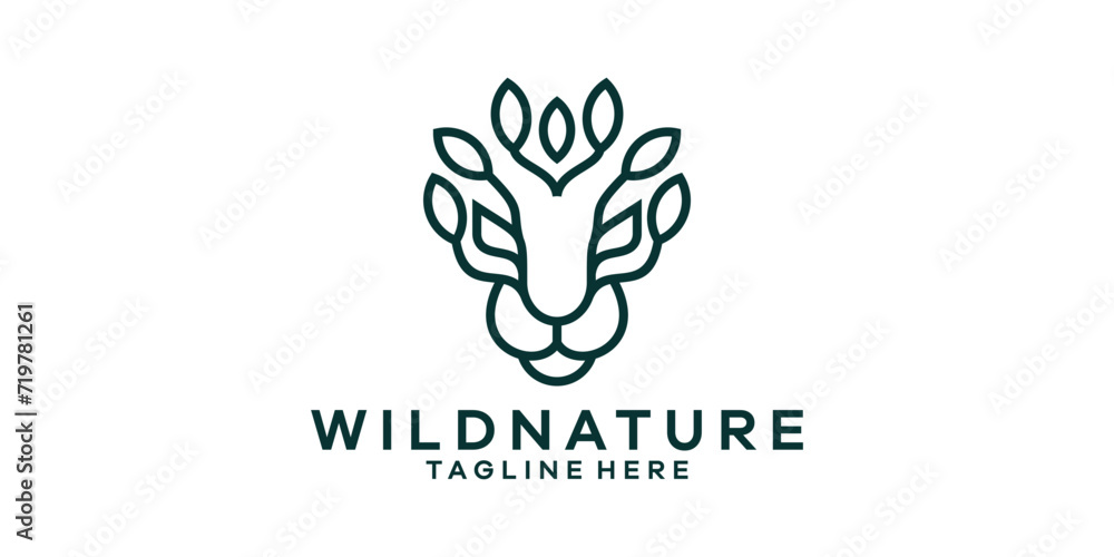 logo design combining the shape of a lion's head with plants, minimalist line logo design. logo design combining the shape of a lion's head with plants, minimalist line logo design.