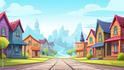 cartoon illustration Western town. The street is empty, giving a calm and serene atmosphere under the clear blue sky.
