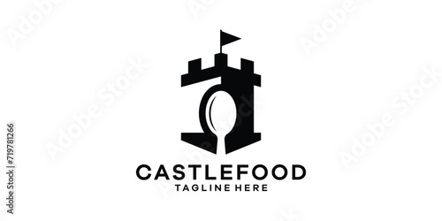 logo design combination of castle shape with spoon, logo design castle food.