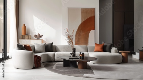 AI generated illustration of a modern living room featuring two comfortable sofas