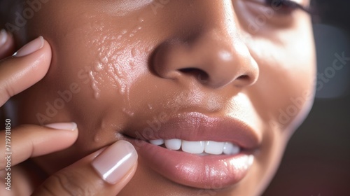 Closeup of a person with oily skin using a mattifying toner to control excess shine.