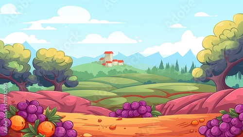 cartoon illustration countryside scene featuring a small house, wine barrels, and a vibrant landscape.