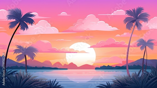 cartoon illustration tropical sunset day.