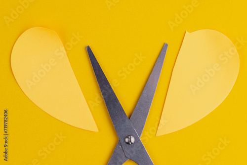 Stationery scissors and a paper heart cut in half. Background with selective focus and copy space