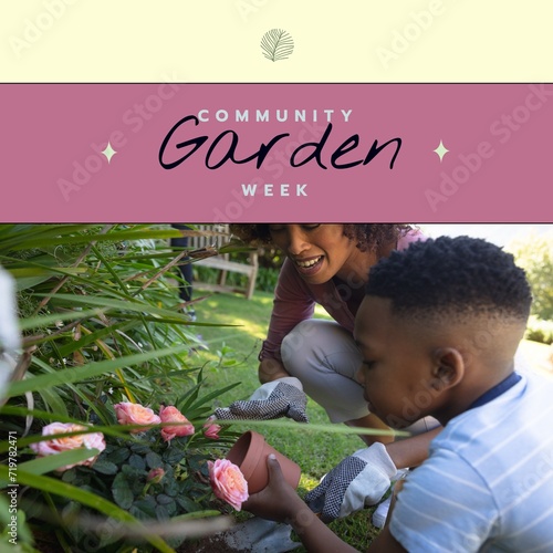 Composition of community garden week text over african american woman with son gardening