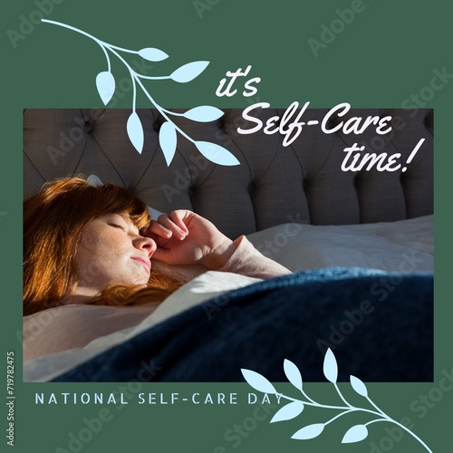 Composition of it's self-care time text over caucasian woman sleeping in bed on green background