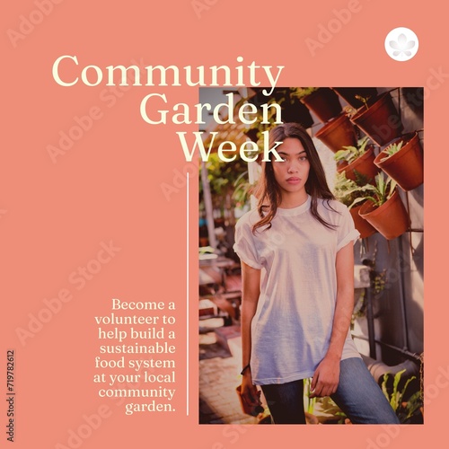 Composition of community garden week text over biracial woman gardening