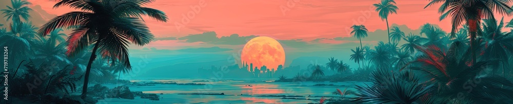 tropical vaporwave/synthwave style pink, magenta, and teal landscape image tropical vaporwave/synthwave style pink, magenta, and teal landscape image