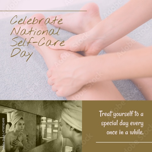 Composition of national self-care day text over diverse people in bathroom and getting a massage