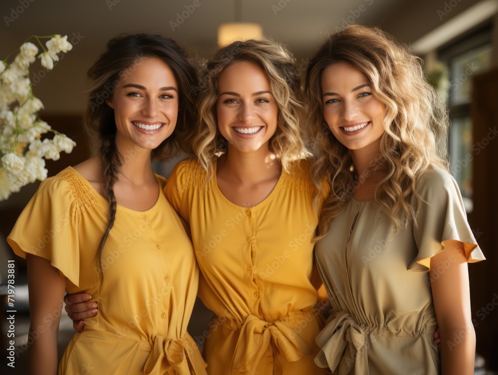Obraz premium Galentines day. Three young women are celebrating galentines day, laughing, having fun together.