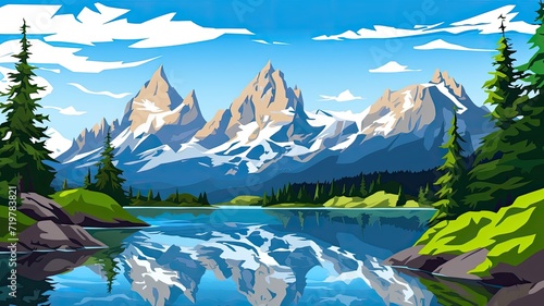cartoon illustration tranquil natural landscape with mountains, lake, trees, and sky.