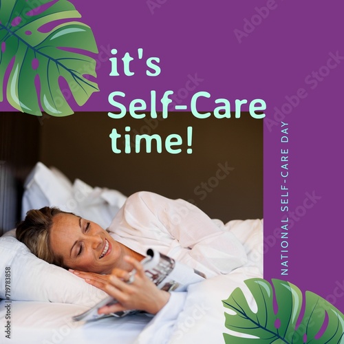 Composition of it's self-care time text over caucasian woman lying on bed on purple background