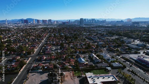 Revealing Drone Shot, Church in Suburbs of Las Vegas With View on Downtown Buildings, Strip Casinos and Resorts