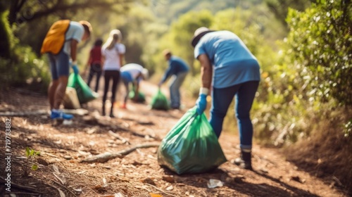 Closeup of a group of hikers picking up litter from a scenic hiking trail, promoting responsible ecotourism.