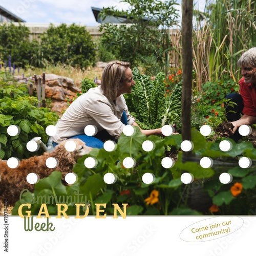 Composition of community garden week text over caucasian women gardening