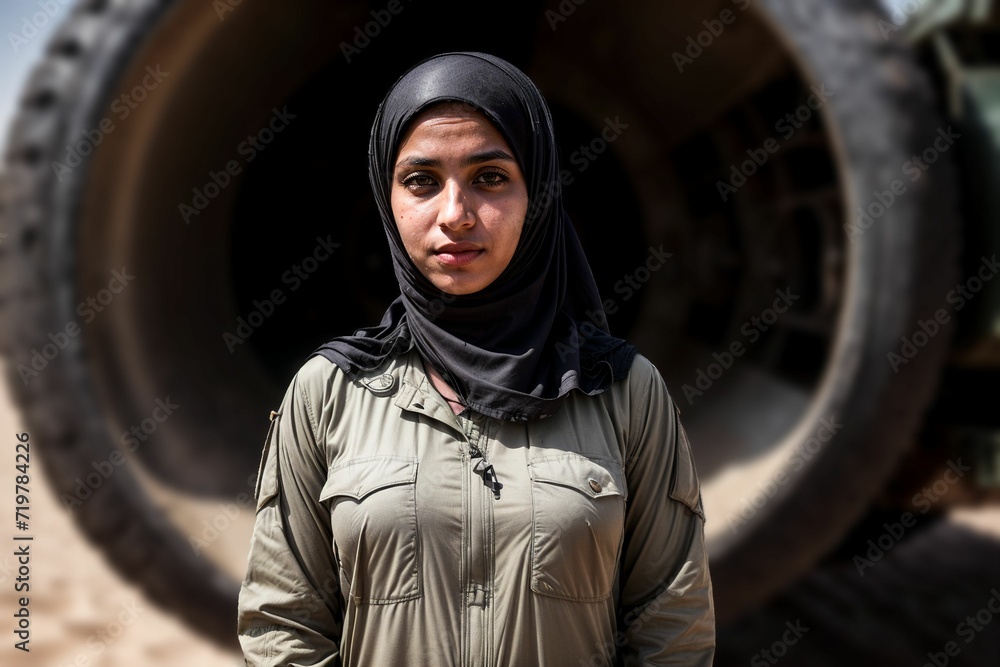 skilled and empowered Muslim Arabic female mechanic in the military, symbolizing gender diversity and expertise within the armed forces