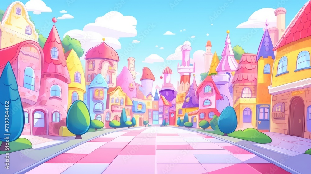 cartoon illustration Theme Park scene, town under a clear blue sky. cartoon illustration Theme Park scene, town under a clear blue sky.